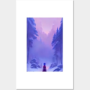 Anime Girl Snowy Forest Christmas Vibe Landscape Posters and Art